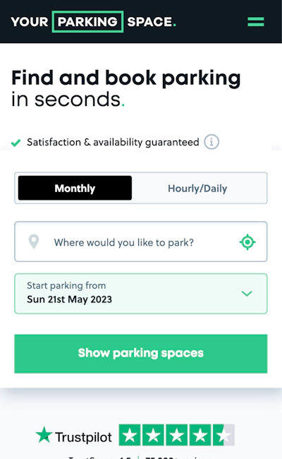 A screenshot of the YourParkingSpace website on mobile