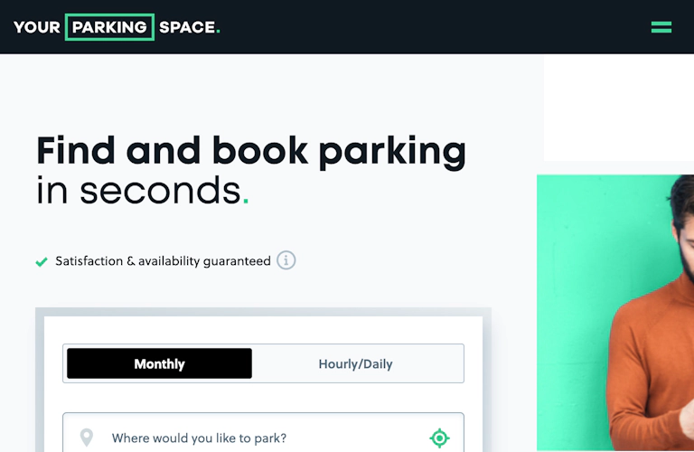 A screenshot of the YourParkingSpace website on tablet